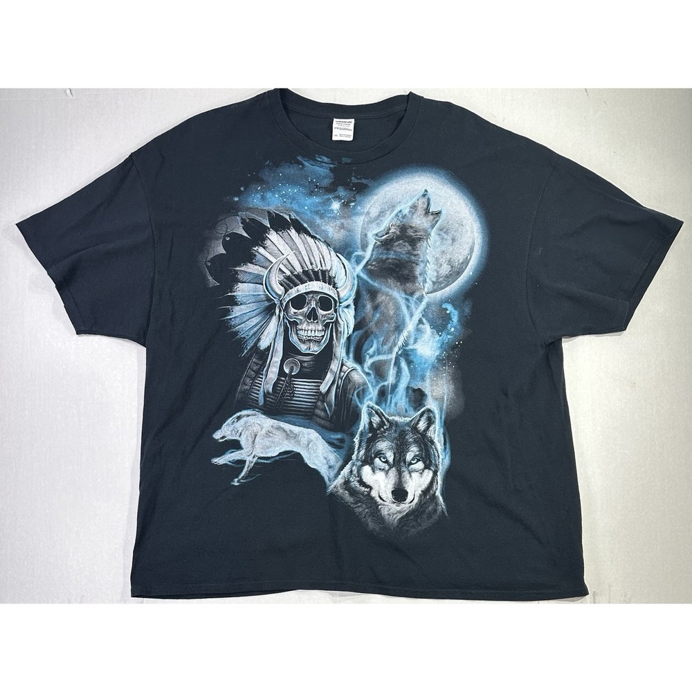 Wolf Spirit Skull Chief T-Shirt Mens 3XL Blue Moon Graphic Tee Big Size Vintage